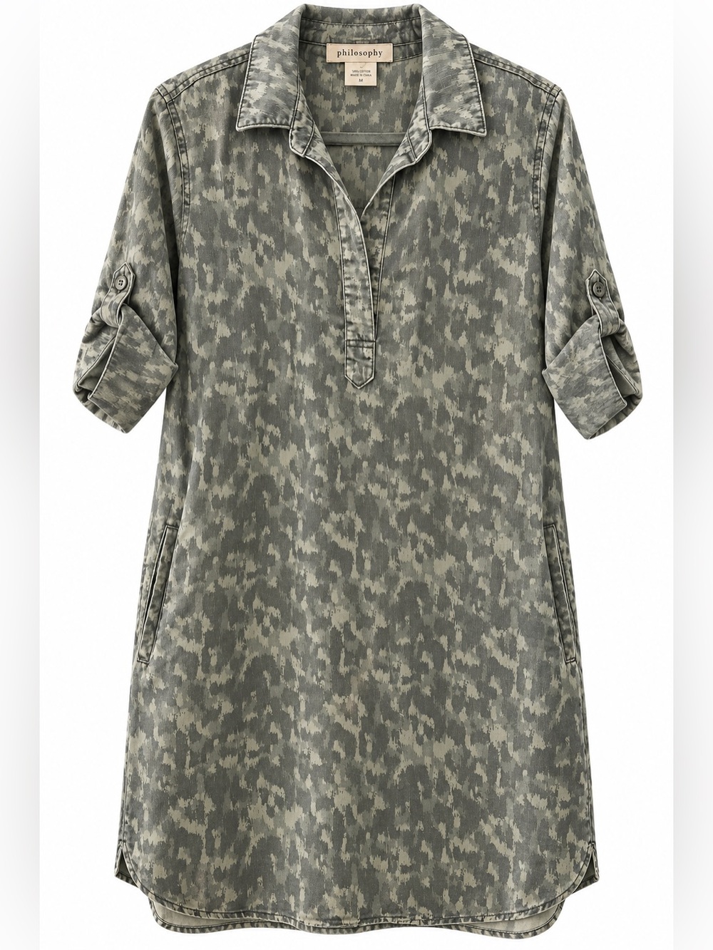 Philosophy Camo Tencel Utility Shirt Dress Pockets Size L